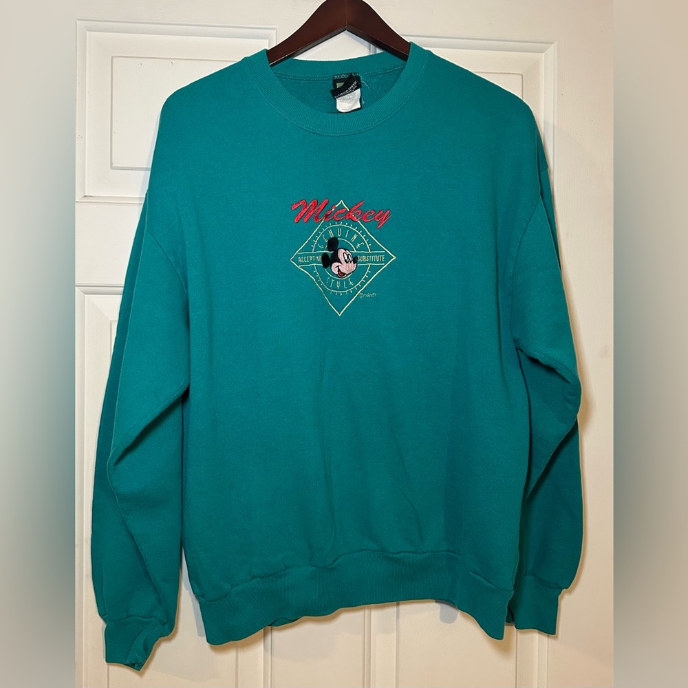 Vintage Disney Mickey Unlimited Large Sweatshirt Teal Green‎ Embroidered Mouse.